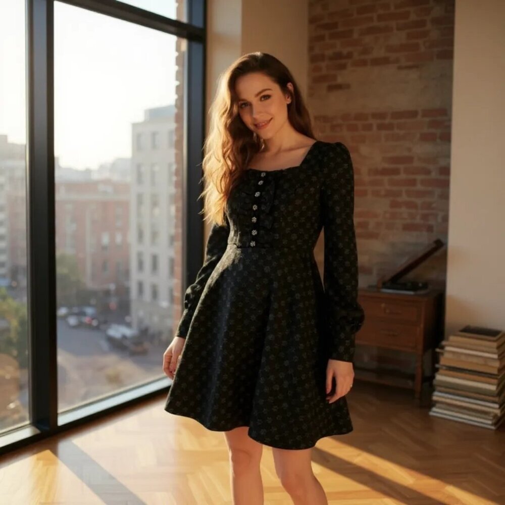 Punk Rave ✦ Warning Series Embroidered Mini Dress ✦ Black Floral Puff Sleeve XS